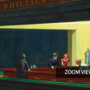 May include: An oil painting depicting a diner at night. The scene features a red counter with customers and a server. The diner is lit by a bright, artificial light, contrasting with the dark exterior. The sign above reads "PHILLIES".