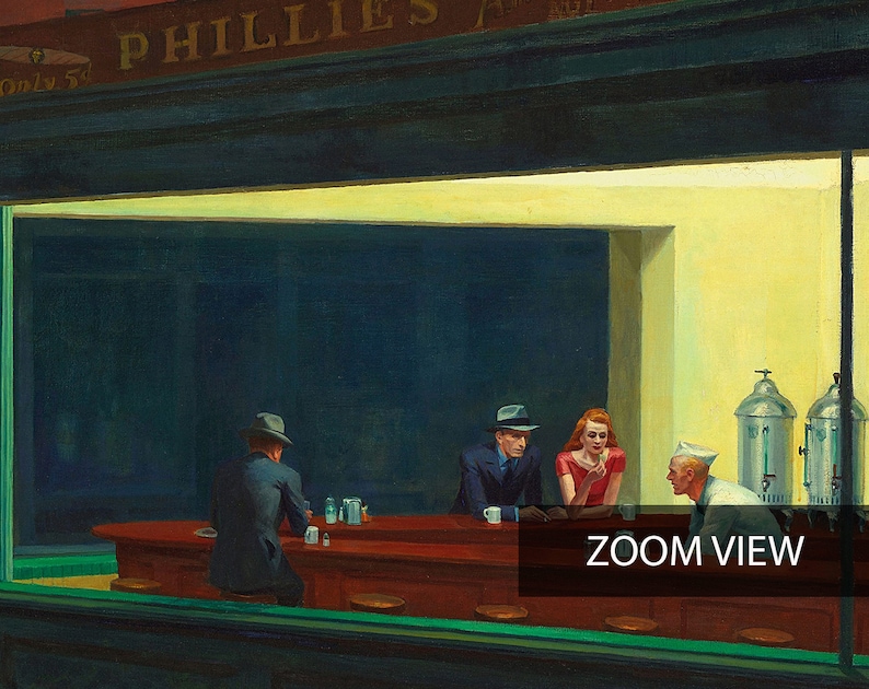 May include: An oil painting depicting a diner at night. The scene features a red counter with customers and a server. The diner is lit by a bright, artificial light, contrasting with the dark exterior. The sign above reads "PHILLIES".