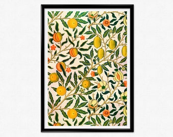 May include: A vintage floral print featuring a repeating pattern of green leaves, orange and yellow fruit, and pink flowers on a cream background.