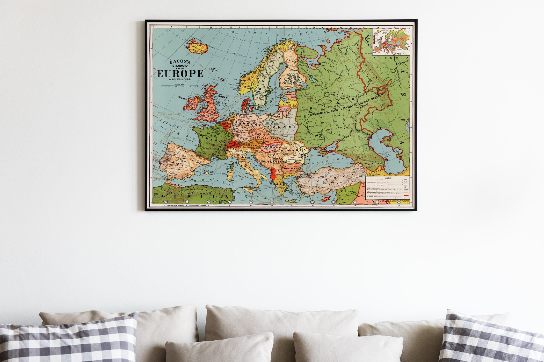 Antiguos Maps - European Map of Europe - Bacon's Standard Circa 1921 - Measures 24 in x 32 in