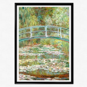 May include: A painting of a green bridge over a pond with water lilies. The bridge is made of wood and has a white railing. The water lilies are white and pink and are floating on the surface of the water. The background is a green forest.