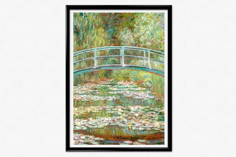 May include: A painting of a green bridge over a pond with water lilies. The bridge is made of wood and has a white railing. The water lilies are white and pink and are floating on the surface of the water. The background is a green forest.
