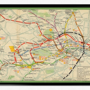 Vintage Karte von London, Londoner Untergrundbahn 1912, London Print, Farbkarte des Londoner Eisenbahnsystems, England, Wohnkultur