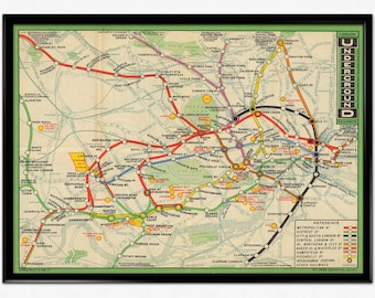 Vintage Map of London, London Underground Railways 1912 , London Print, Color Map of the London Railway System, England, Home Decor