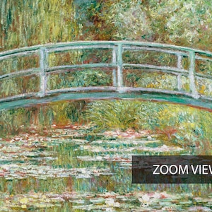 May include: A painting of a green bridge over a pond with water lilies. The bridge has a white railing and is painted in a style reminiscent of Impressionism. The water lilies are in bloom and the water is a light blue-green color.