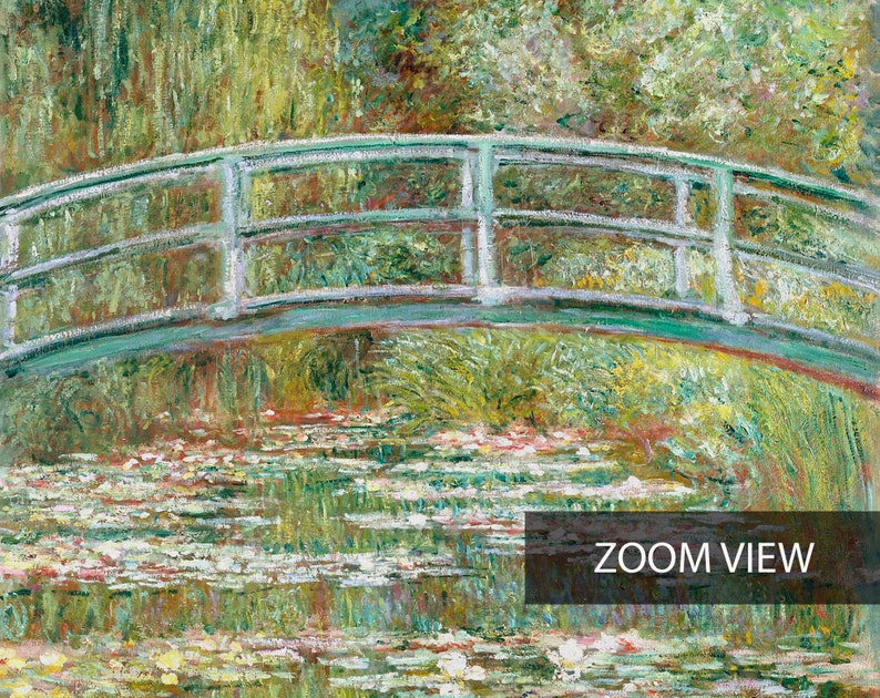 May include: A painting of a green bridge over a pond with water lilies. The bridge has a white railing and is painted in a style reminiscent of Impressionism. The water lilies are in bloom and the water is a light blue-green color.