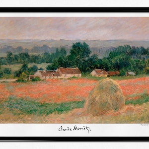 May include: A painting by Claude Monet depicting a rural landscape with a field of red poppies, a hay bale, and a cluster of houses in the distance. The sky is a soft grey with hints of blue, and the trees are a vibrant green.