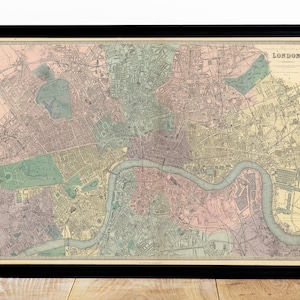 Londen kaart Vintage Print oude Engeland kaart gekleurde kaart van Londen straten en Thames Verenigd Koninkrijk kunst aan de muur