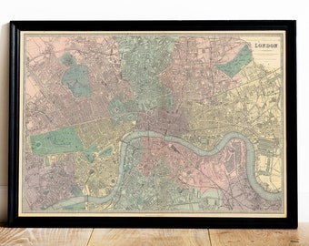 London Map Vintage Print Old England Map Coloured Map of London Streets and Thames United Kingdom Wall Art