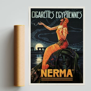 May include: Vintage poster advertising "NERMA" Egyptian cigarettes. A woman in a yellow and orange dress sits on a sphinx-like figure with a dark blue background. The text "CIGARETTES EGYPTIENNES" is at the top of the poster.