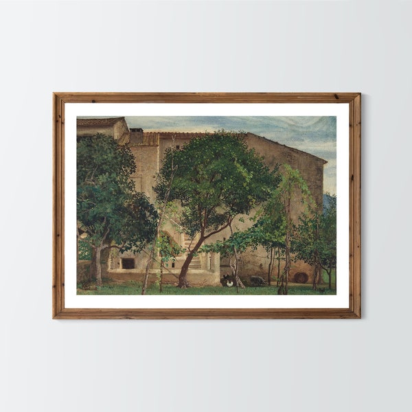 Farmhouse Painting, Italian Landscape Vintage Painting by Walter Crane, Countryside Farmhouse Decor, Horizontal Wall Art