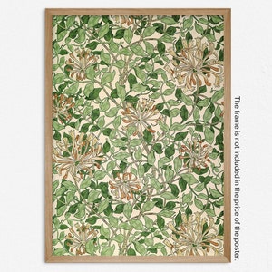 May include: A framed print of a vintage floral pattern featuring white and orange honeysuckle flowers with green leaves on a cream background.