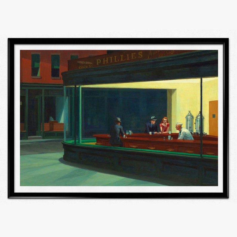 May include: A framed print of Edward Hopper's "Nighthawks" painting. The artwork depicts a diner at night with four figures inside, illuminated by bright lights. The diner's name, "PHILLIES," is visible above the window.