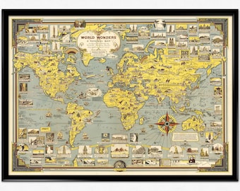 黄金色の世界地図 世界地図、世界の不思議、世界の絵地図、ランドマーク、歴史、複製地図