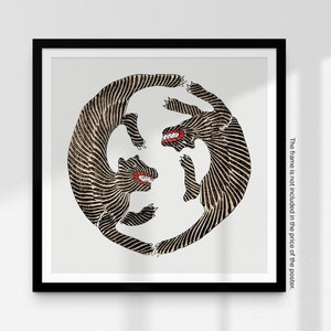 May include: Black and white illustration of two stylized animals facing each other in a circular design. The animals have striped patterns and are depicted with open mouths and red teeth.