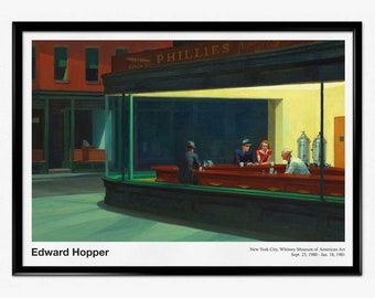 Edward Hopper Exhibition Poster, Edward Hopper Nighthawks Print, Art Masterpiece, Modern Art, Famous Painting, American Realism, Home Decor