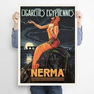 May include: Vintage poster advertising "NERMA" Egyptian cigarettes. A woman in a colorful outfit sits on a throne, holding a cigarette and looking up. The poster has a dark blue background with a moon and clouds.