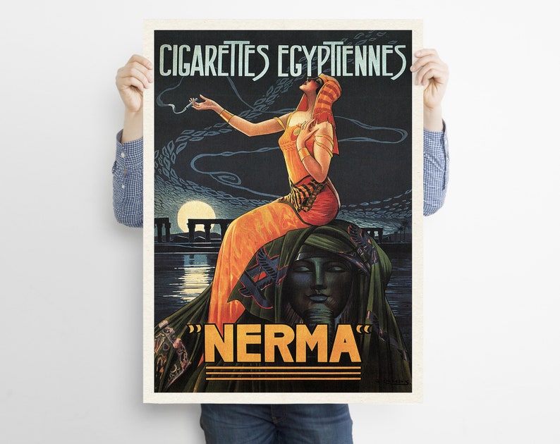 May include: Vintage poster advertising "NERMA" Egyptian cigarettes. A woman in a colorful outfit sits on a throne, holding a cigarette and looking up. The poster has a dark blue background with a moon and clouds.
