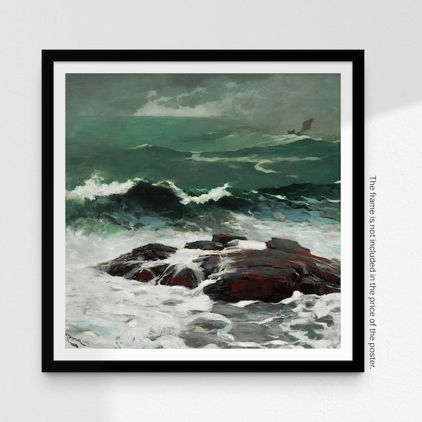 Vintage Sea Painting Square Art Poster, Sea and Rocks American Landscape Print, Summer Squall by Winslow Homer, Home Decor, Wall Art