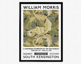 Póster de la exposición de William Morris, lámina artística, motivo de hojas, Art Nouveau, Victoria and Albert, Londres, estampado de tela, decoración del hogar, arte mural