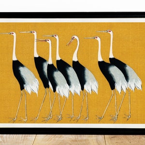 Cartel de grullas japonesas, impresión de siete grullas, grulla de corona roja en bandada de Ogata Korin, cartel de animales, pintura de aves vintage, decoración del hogar