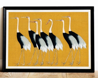 Cartel de grullas japonesas, impresión de siete grullas, grulla de corona roja en bandada de Ogata Korin, cartel de animales, pintura de aves vintage, decoración del hogar