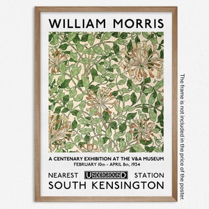 May include: A black and white poster advertising a William Morris exhibition at the V&A Museum in London. The poster features a floral pattern and the text "WILLIAM MORRIS", "A CENTENARY EXHIBITION AT THE V&A MUSEUM", "FEBRUARY 10th - APRIL 8th, 1934", "NEAREST UNDERGROUND STATION", and "SOUTH KENSINGTON".
