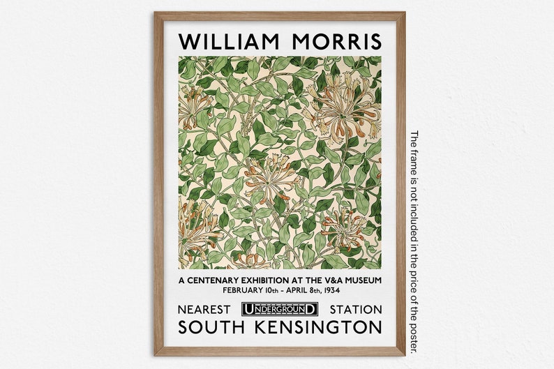May include: A black and white poster advertising a William Morris exhibition at the V&A Museum in London. The poster features a floral pattern and the text "WILLIAM MORRIS", "A CENTENARY EXHIBITION AT THE V&A MUSEUM", "FEBRUARY 10th - APRIL 8th, 1934", "NEAREST UNDERGROUND STATION", and "SOUTH KENSINGTON".