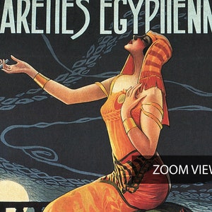 May include: Vintage poster advertising Egyptian cigarettes. A woman in a red and orange dress and headdress is holding a cigarette and looking up. The text "CIGARETTES EGYPTIENNES" is at the top of the poster.