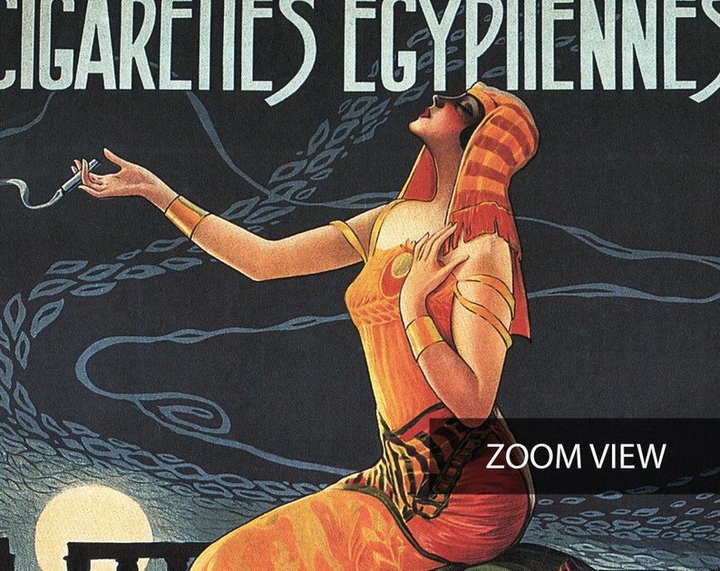 May include: Vintage poster advertising Egyptian cigarettes. A woman in a red and orange dress and headdress is holding a cigarette and looking up. The text "CIGARETTES EGYPTIENNES" is at the top of the poster.