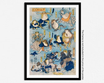 日本のカエルのポスター、ヴィンテージの日本の木版画、スーパー