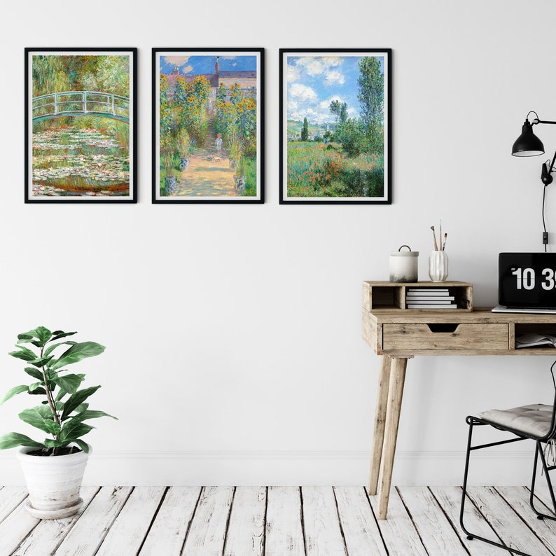 Monet Print Set of 3 Green Themed Summer Landscape Paintings, Claude Monet Exhibition Posters, Summer Landscape Paintings, Wall Art Prints