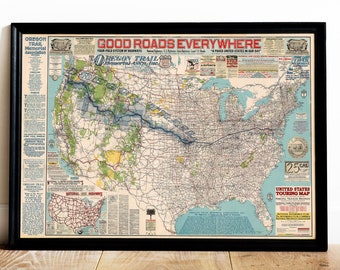 USA Vintage Highway Map, High Quality Printed Map of the USA, Automobile Club of America, Rare US Retro Map 1929, The Oregon Trail, Wall Art