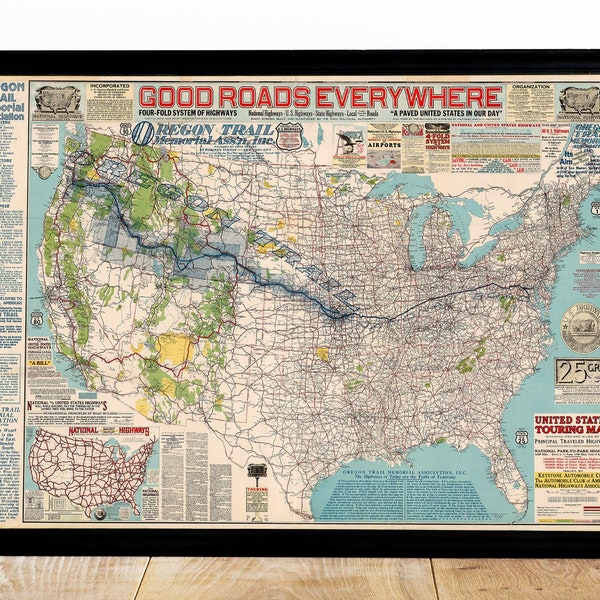 USA Vintage Highway Map, High Quality Printed Map of the USA, Automobile Club of America, Rare US Retro Map 1929, The Oregon Trail, Wall Art