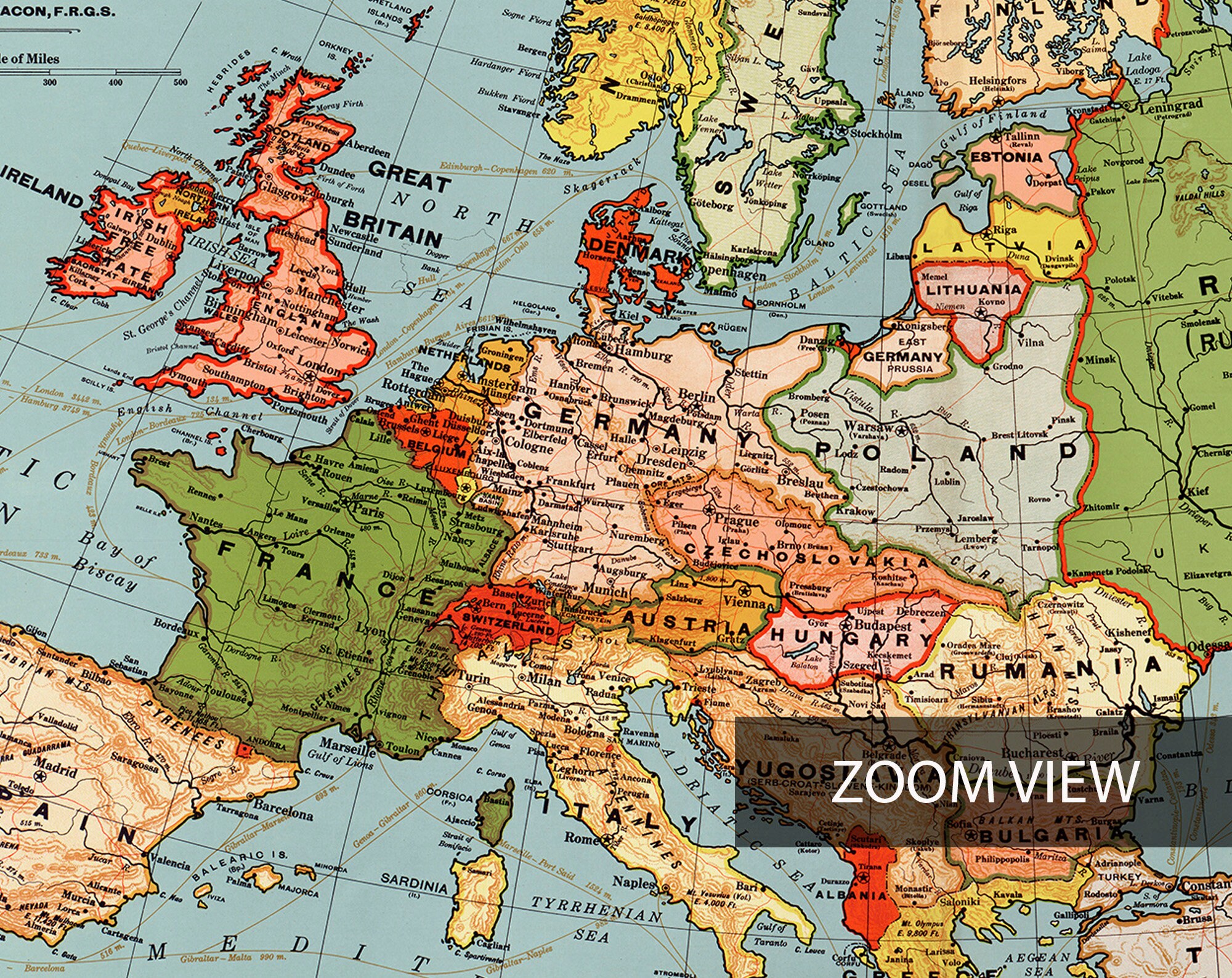 thumbnail image 2 of Bacon's Standard Wall Map Of Europe Circa 1921 - Large 24x32 Vintage Print Poster 2 of 6