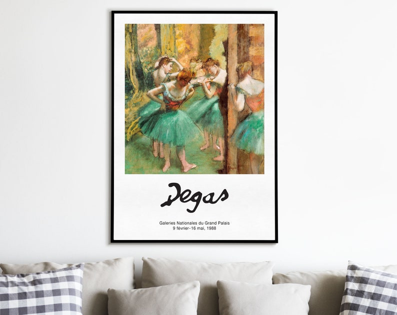 May include: A framed print of a painting by Edgar Degas depicting five dancers in green tutus. The dancers are in a studio setting, and the painting is in a pastel style. The print includes the artist's signature and the text "Galeries Nationales du Grand Palais 9 fevrier - 16 mai, 1988."