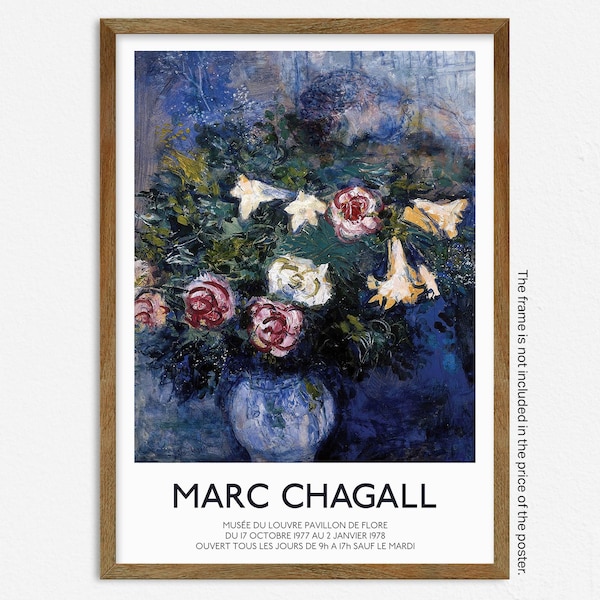 Marc Chagall Print, Leaning Over Flowers Exhibition Poster, Blue Wall Art Print, Home Decor, Surrealism, Still Life Painting