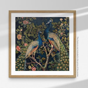 William Morris Art Print: Pavos reales Art Nouveau en el árbol - Impresión cuadrada con tonos azules y verdes - Póster cuadrado - Ilustración de pájaro vintage