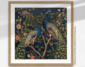 Impression d'art William Morris : paons Art nouveau sur l'arbre - impression carrée dans des tons bleus et verts - affiche carrée - illustration d'oiseau vintage