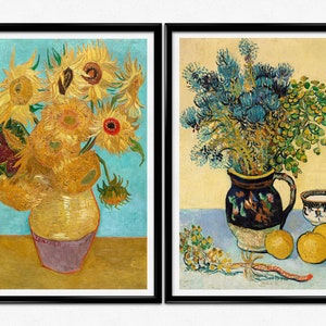 ゴッホの花の静物画アートプリントセット、カラフルなひまわりとアーティチョークの花のポスター、室内装飾用のクラシックな絵画セット、壁アート