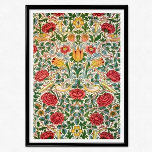 Póster de la exposición de William Morris, impresión Art Nouveau, ilustración de rosas y pájaros, Victoria and Albert, artes y manualidades, decoración floral para el hogar