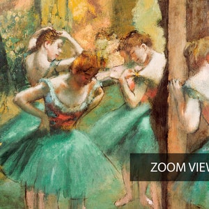 May include: Four dancers in a ballet studio, wearing green tutus and red tops, practice their poses. The dancers are in various stages of readiness, with one adjusting her hair and another looking in a mirror.