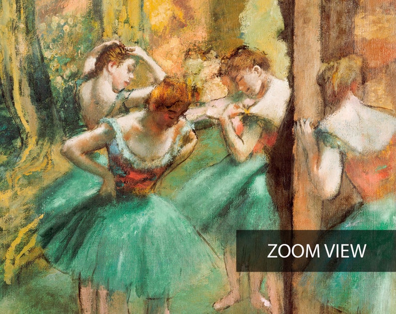 May include: Four dancers in a ballet studio, wearing green tutus and red tops, practice their poses. The dancers are in various stages of readiness, with one adjusting her hair and another looking in a mirror.