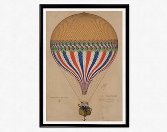 Le Tricolore Poster, E. Hamelin, Hot Air Balloon Poster Le Tricolore, Vintage Design, France, Home Decor, Wall Art