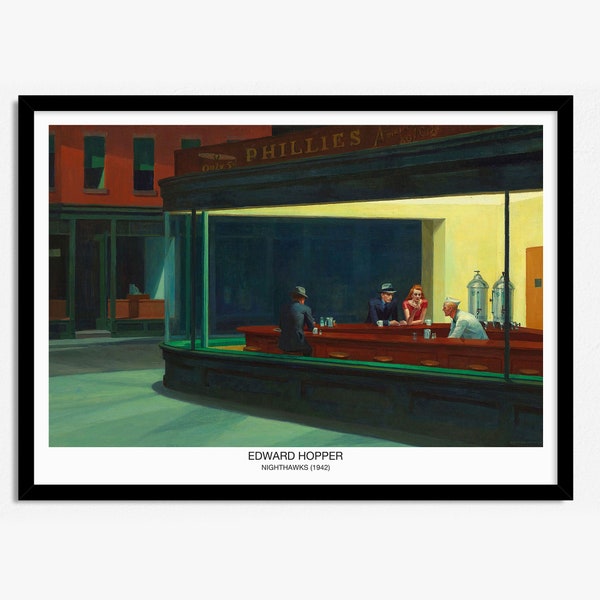 Impresión de Edward Hopper Nighthawks, cartel de exposición moderna, arte moderno americano, moderno de mediados de siglo, decoración del hogar, arte de pared