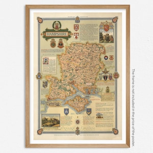 Ancienne carte du Hampshire, carte illustrée vintage de l'Angleterre, histoire de la Grande-Bretagne, carte de l'époque de la guerre mondiale, art mural vintage, décoration d'intérieur
