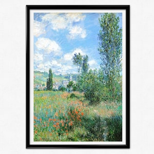 May include: A painting of a landscape with a field of red poppies in the foreground, a village in the distance, and a tall, slender tree on the right side of the image.