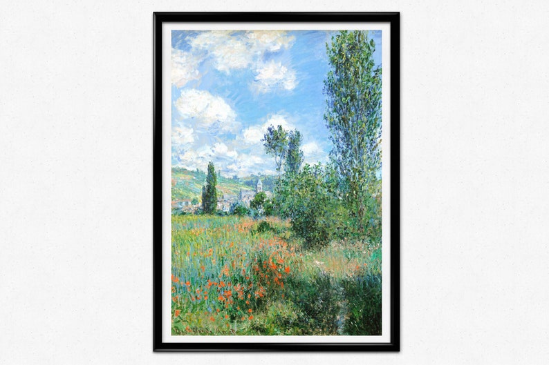 May include: A painting of a landscape with a field of red poppies in the foreground, a village in the distance, and a tall, slender tree on the right side of the image.