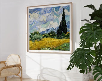 May include: A painting of a landscape with a tall, dark green cypress tree in the foreground. The sky is a swirling blue and white, and the hills in the background are a muted green and blue. The field in the foreground is a bright yellow.