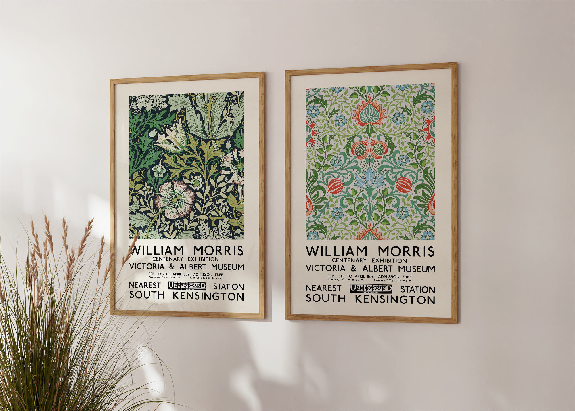 William Morris Set of 2 Green Floral Prints, Art Nouveau V&A